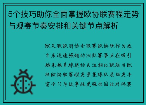 5个技巧助你全面掌握欧协联赛程走势与观赛节奏安排和关键节点解析