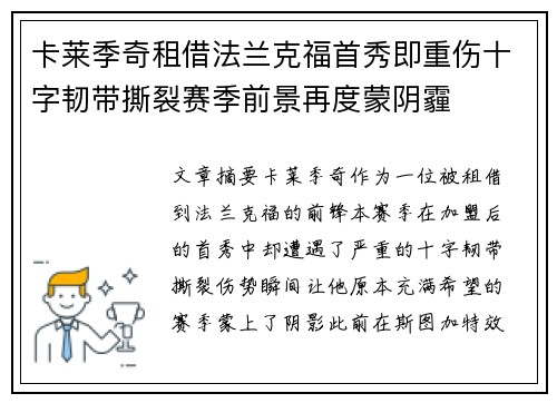 卡莱季奇租借法兰克福首秀即重伤十字韧带撕裂赛季前景再度蒙阴霾